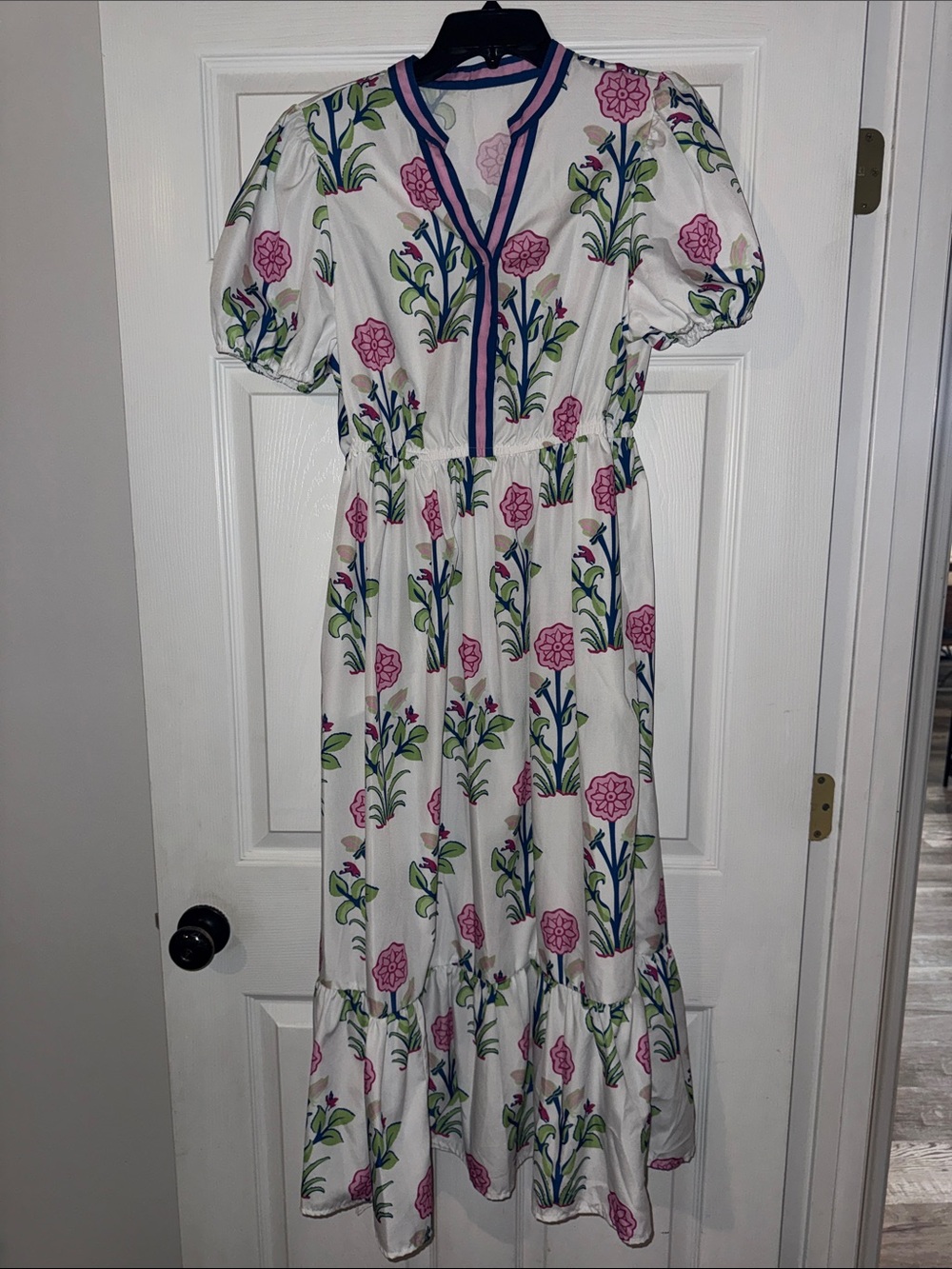 White Floral Midi Boutique Dress with Pink & Green Print